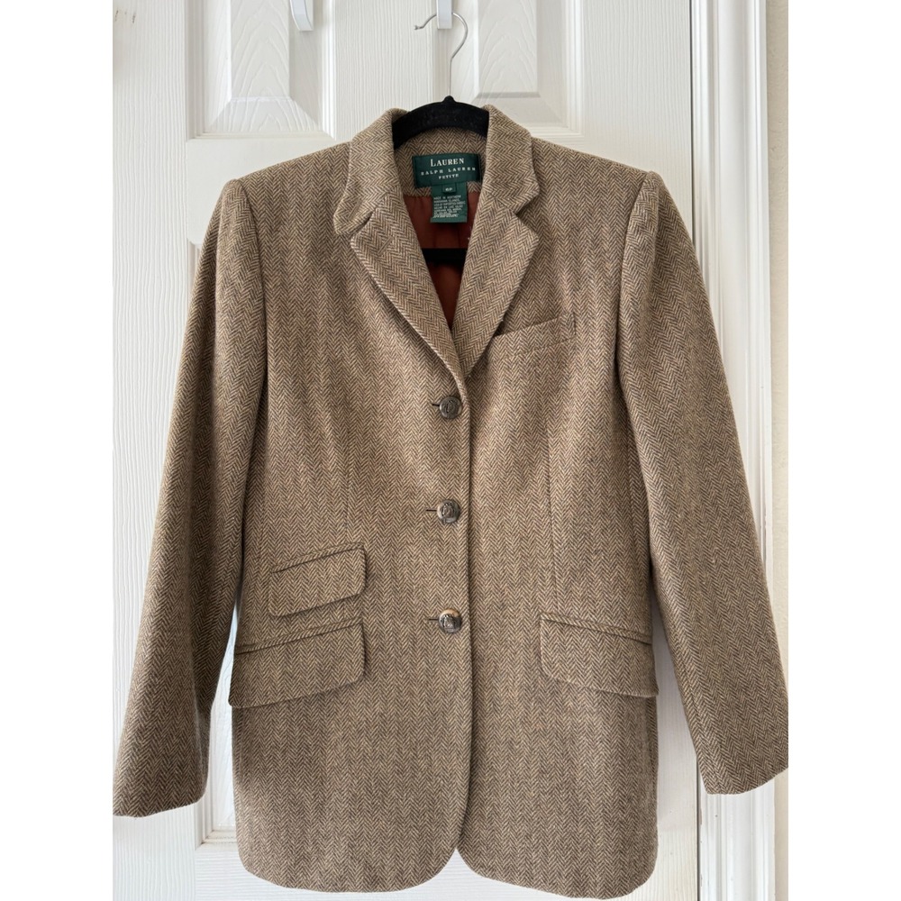 Lauren Ralph Lauren 6P Lambswool Herringbone Equestrian Blazer Heritage Brown - Picture 3 of 13